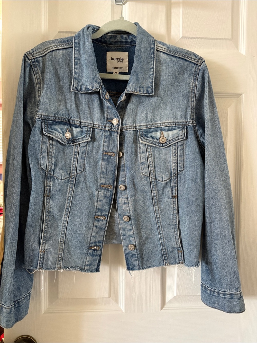 Kensie Medium Blue Distressed Hem Denim Jacket